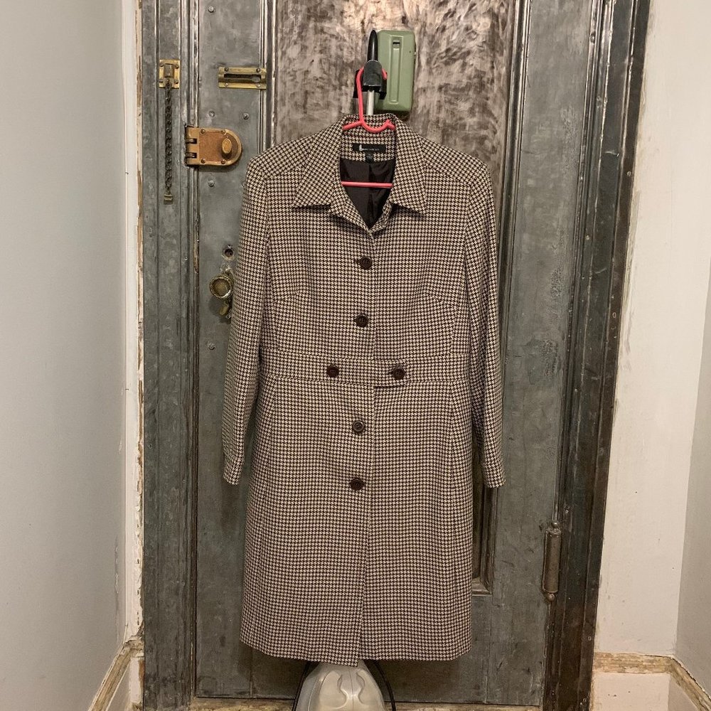 Vintage 80s 90s Larry Levine Suits cream and brown houndstooth midi length dress